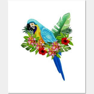 Blue Tropical Parrot Floral Posters and Art